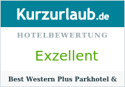 Bewertungsabzeichen von Kurzurlaub.de mit der Aufschrift: „HOTELBEWERTUNG Exzellent Best Western Plus Parkhotel &“.